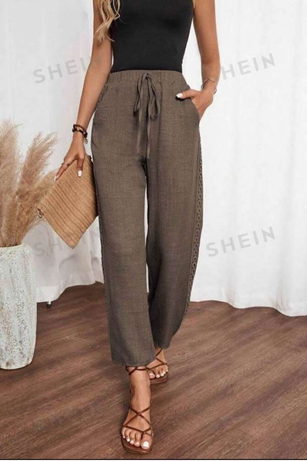 PANTALÓN SÍMIL LINO CON GALÓN EN LATERAL Y CINTURA ELASTIZADA SHEIN LUNE