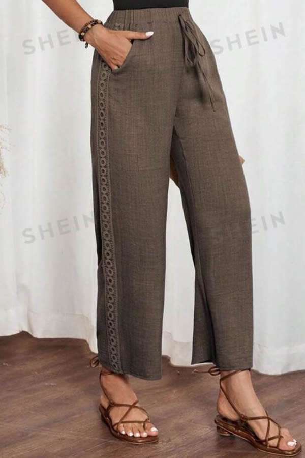 PANTALÓN SÍMIL LINO CON GALÓN EN LATERAL Y CINTURA ELASTIZADA SHEIN LUNE