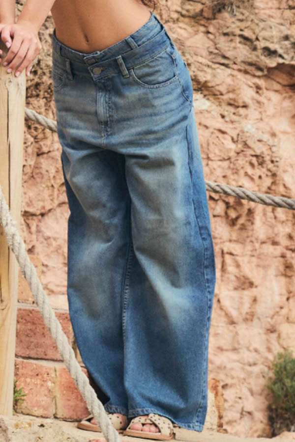 PANTALON DENIM ANCHO CON DOBLE CINTURA